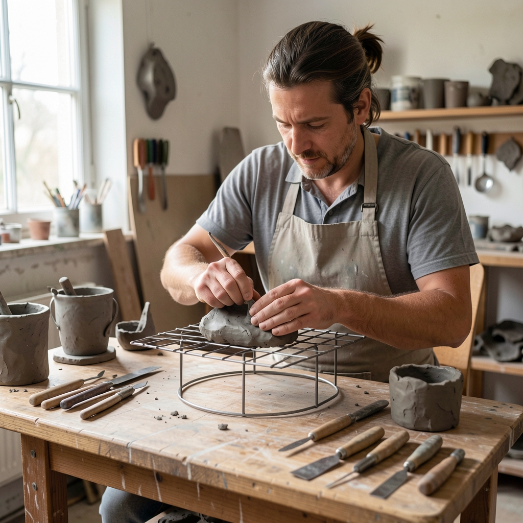 Sculptor care modelează argilă polimeră gri pe suport de sârmă, cu instrumente metalice de sculptură alăturate pe masă de lemn în atelier luminat natural
