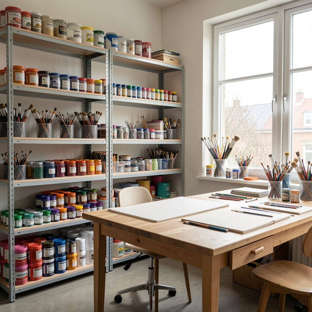 Atelier creativ impecabil organizat cu rafturi IKEA pline de borcane cu pensule, vopsele și accesorii artistice sortate pe culori, masă de desen cu lumină naturală