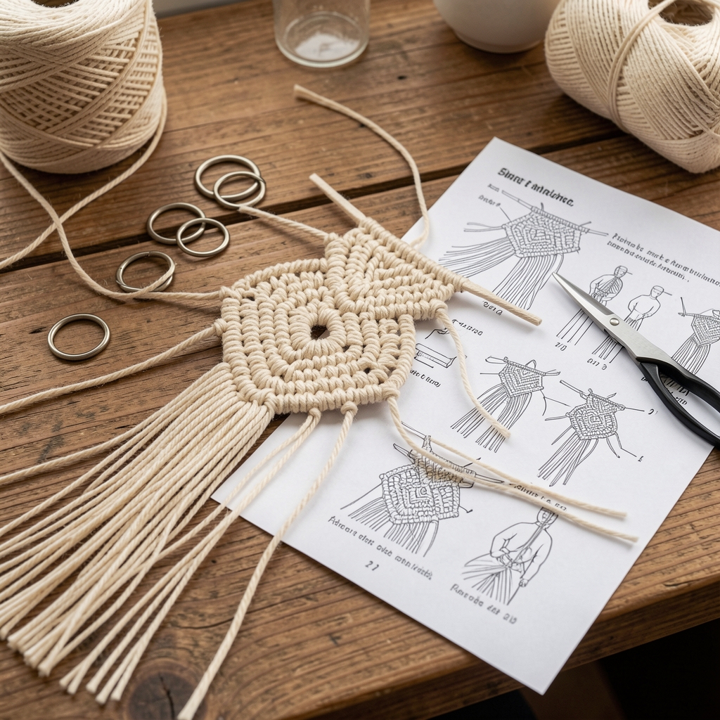 Masă de lucru crafting cu proiect macrame neterminat din sfori de bumbac natural, inele metalice si instrucțiuni ilustrate