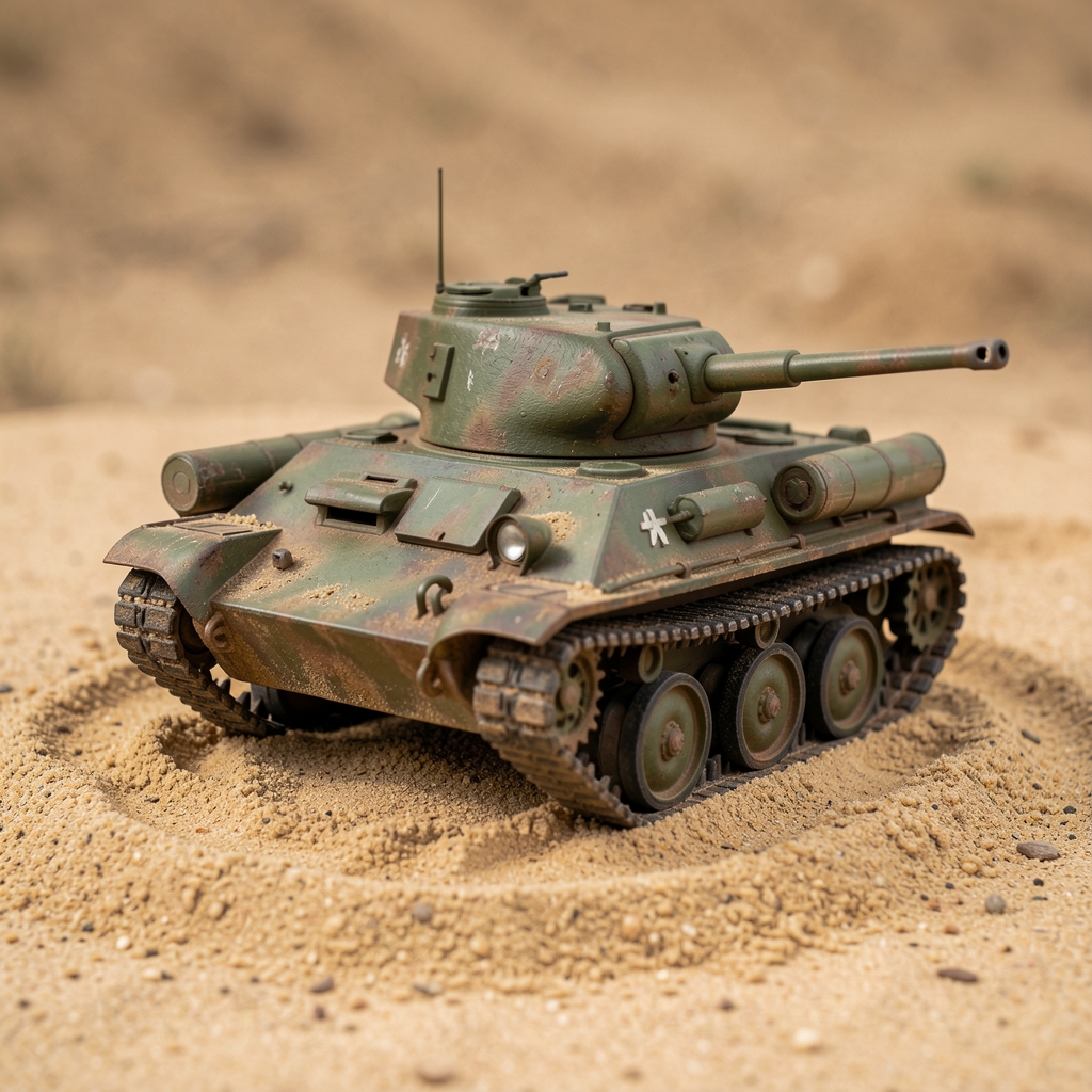 Model de tanc al doilea razboi mondial din plastic la scara 1:35 pictat si weathered cu pigmenti si vopsele de acril pe diorama de nisip
