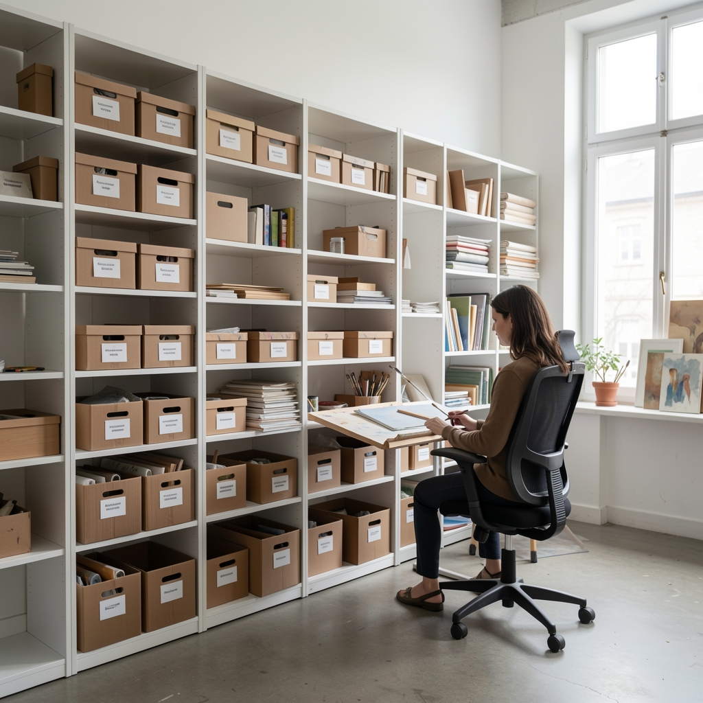 Atelier de artă organizat cu rafturi modulare albe, cutii de depozitare etichetate pentru materiale, șevalet de lemn și scaun ergonomic pentru artiști