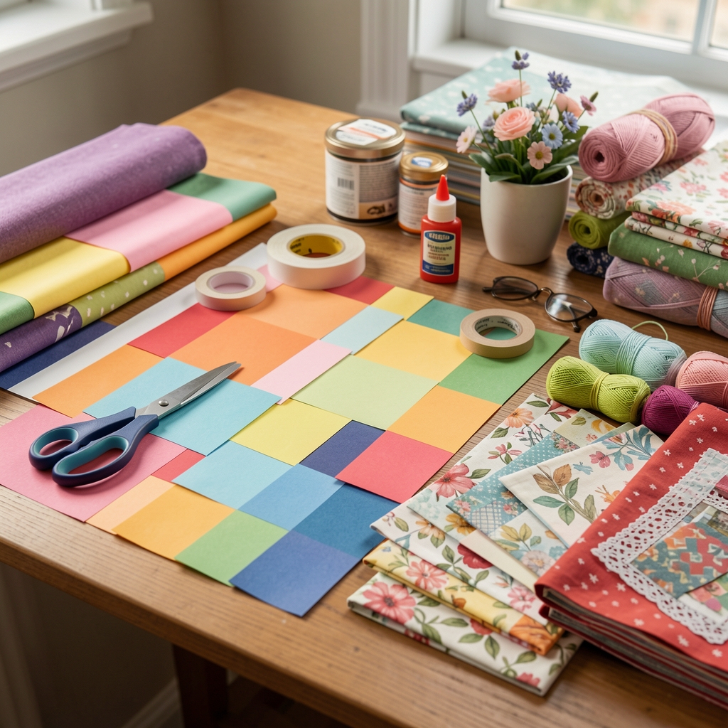 Masă de lucru pentru crafting cu hârtie colorată, foarfece, bandă washi, lipici, materiale textile și accesorii pentru scrapbooking