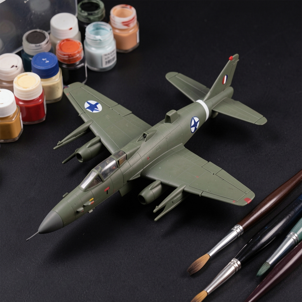 Machetă de avion militar din plastic asamblată și vopsită în detaliu expusă pe suprafață neagră lângă vopsele și pensule fine de modelism