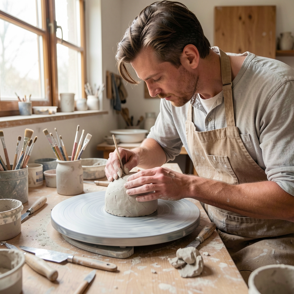 Mâini de artist modelând o sculptură din argilă albă pe o placă rotativă de olărit într-un atelier bine luminat cu instrumente de modelaj