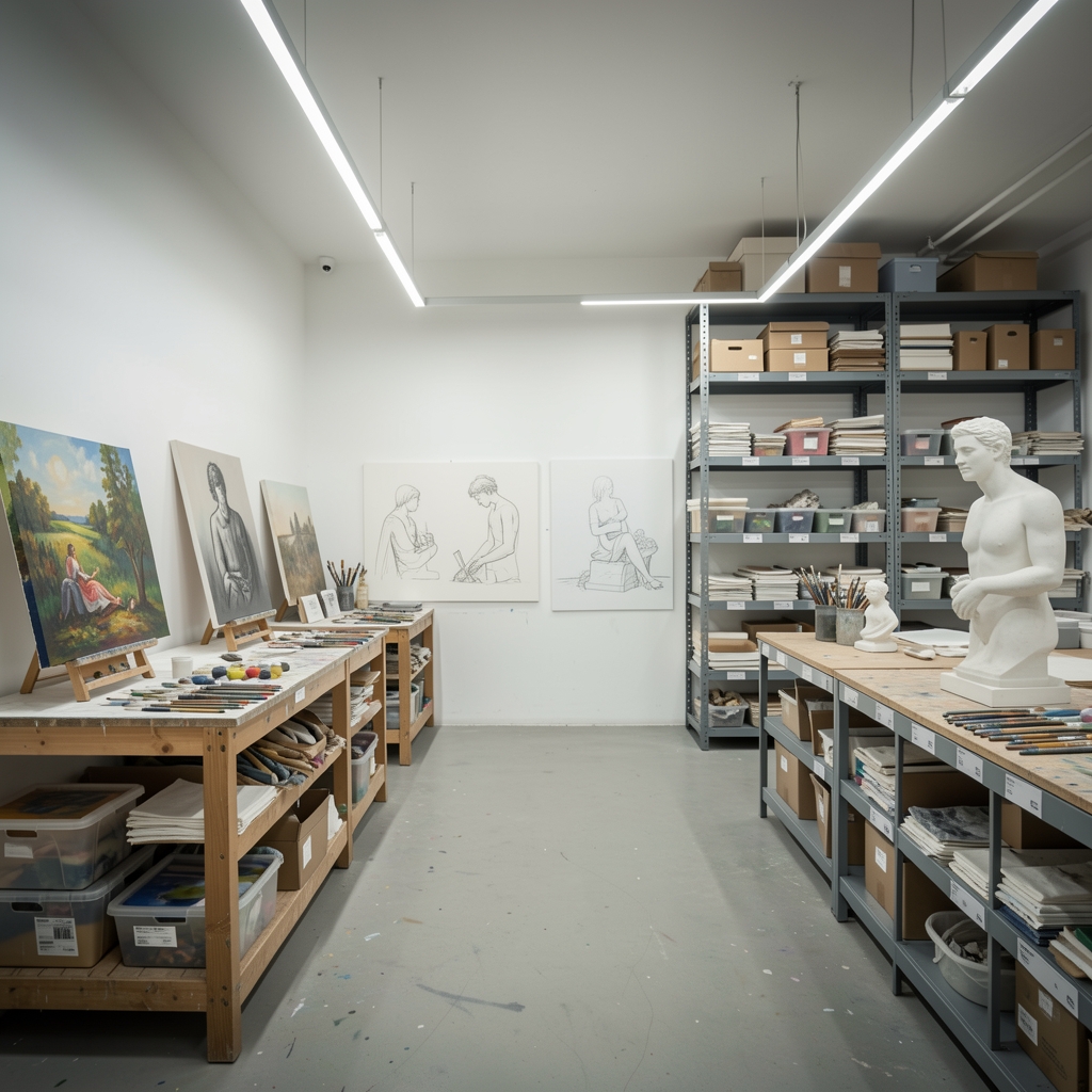 Atelier de artă organizat cu sistem de depozitare modular pe perete, materiale etichetate și iluminare profesională