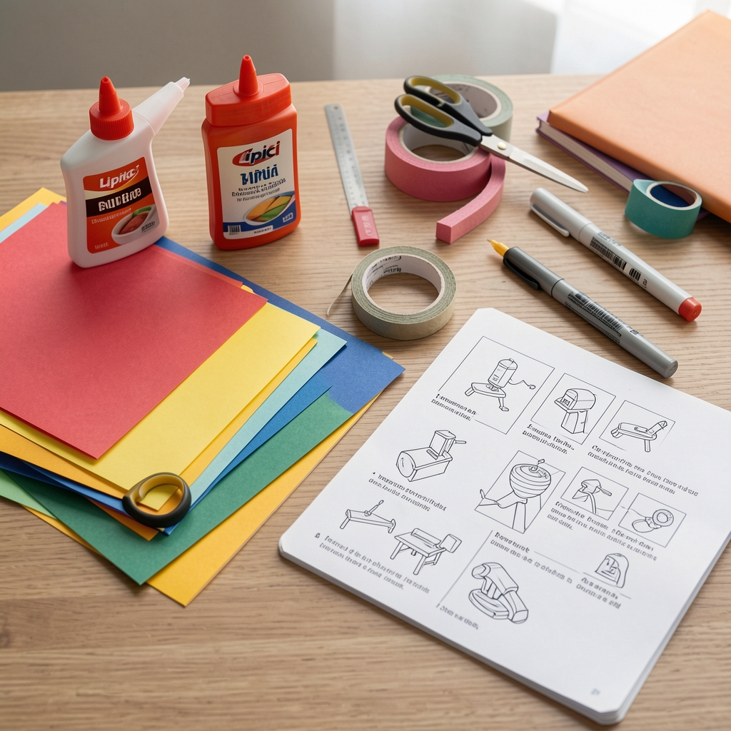 Masă de crafting pentru începători cu materiale de bază organizate — lipici, foarfece, hârtie colorată, bandă, marker și ghid de instrucțiuni cu proiecte simple