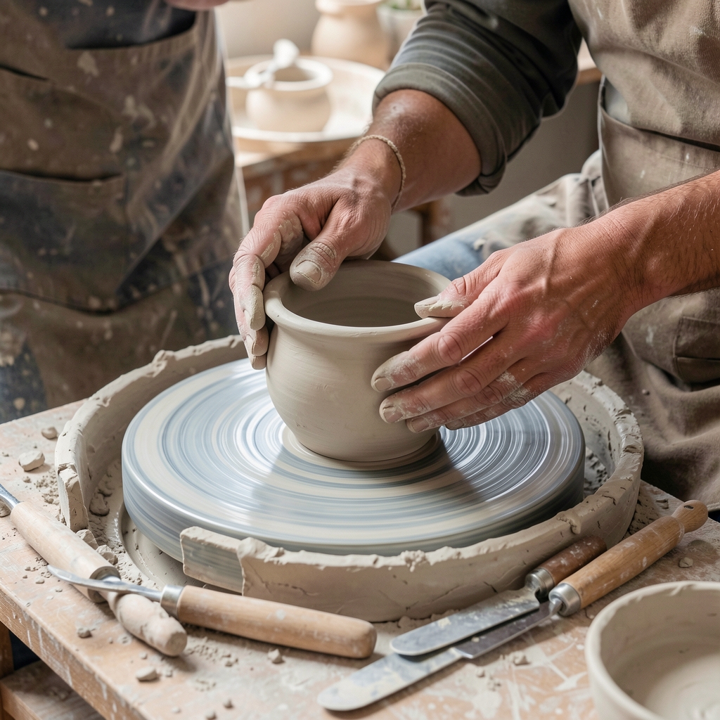 Mâini formând un castron ceramic pe roata olarului cu argilă crudă și instrumente de sculptură alături