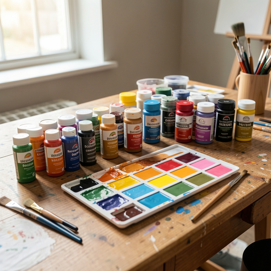 Artist aplicând tehnica de layering cu vopsele acrilice pe pânză cu o pensulă plată în atelier luminos
