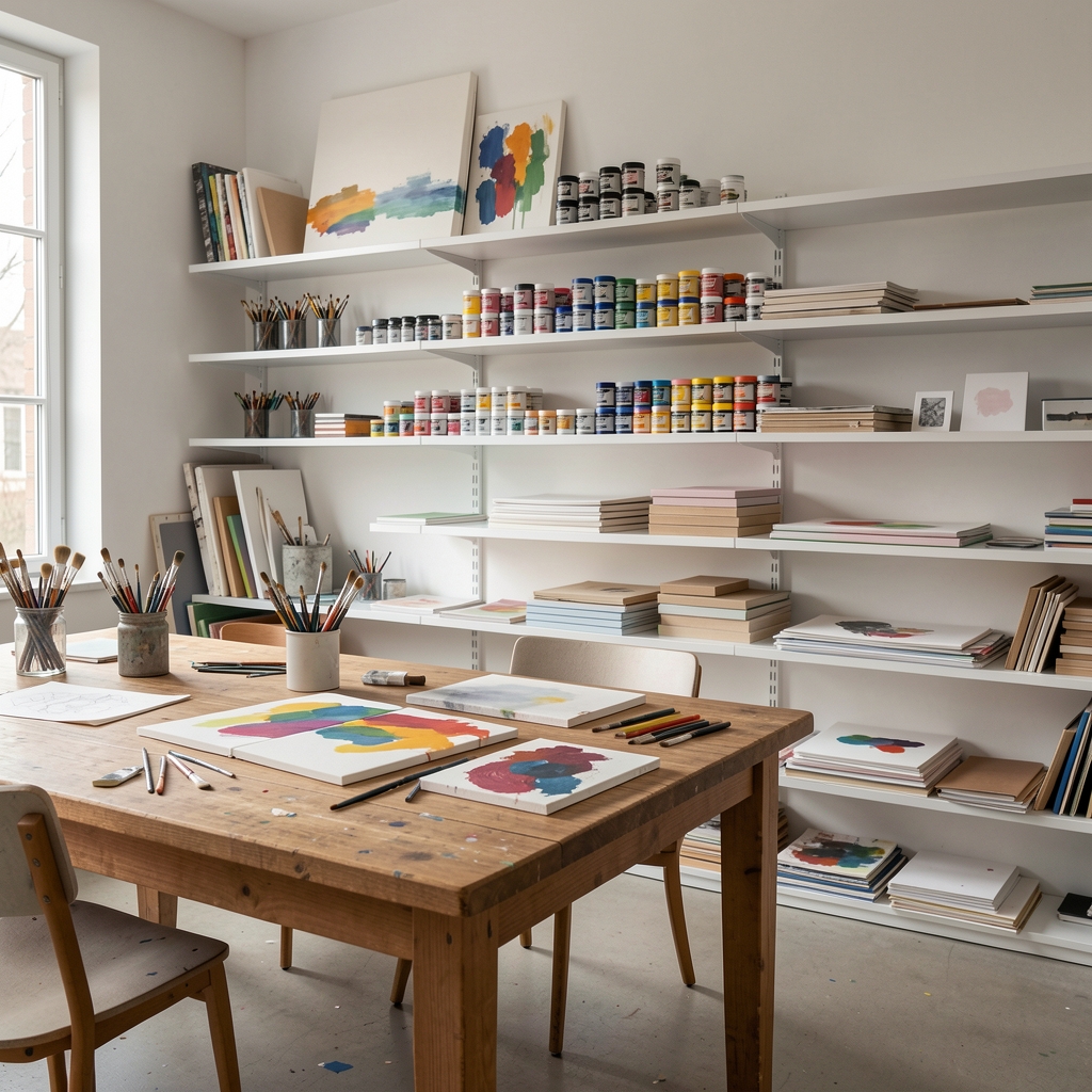 Atelier creativ modern luminos cu mese de lucru din lemn, rafturi albe cu materiale artistice organizate — pensule, vopsele acrilice, pânze și blocuri de desen