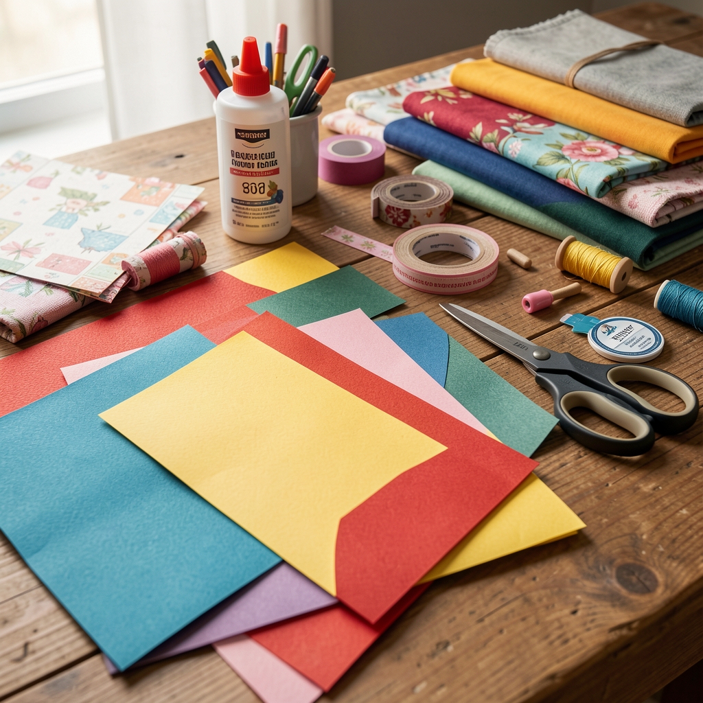 Masă de lucru pentru crafting cu hârtie colorată în diferite texturi, foarfece profesionale, bandă washi japoneză, lipici, materiale textile colorate și accesorii pentru scrapbooking aranjate creativ