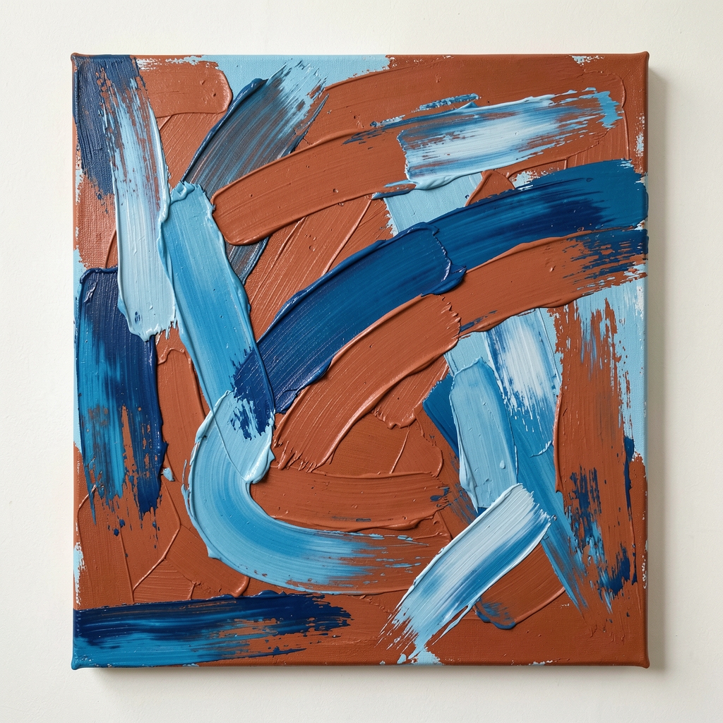 Tablou abstract acrilic în culori terracota și albastru marin pe pânză 60x80cm, textură în relief cu cuțit de paletă, stil modern expressionist