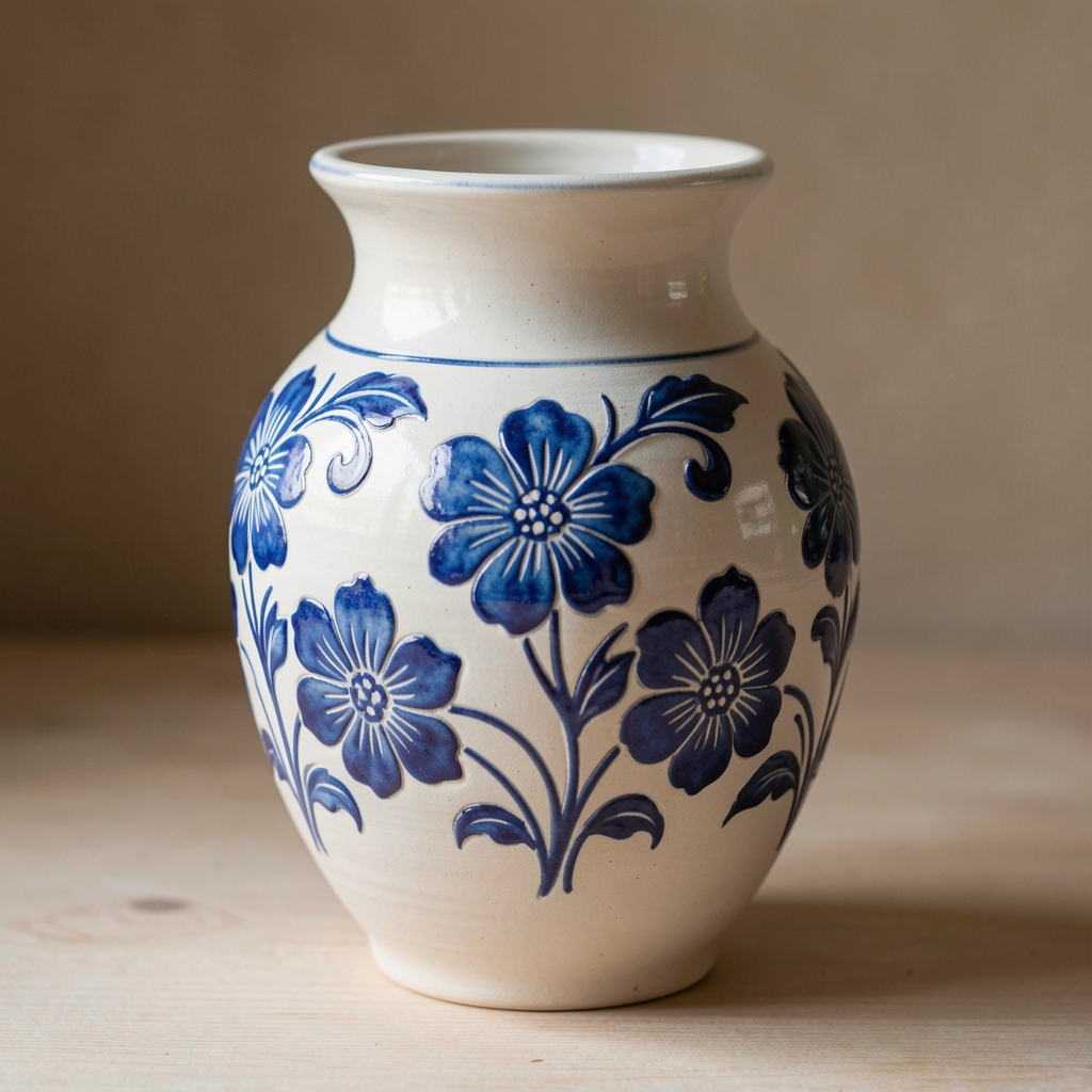 Vază ceramică decorativă modelată manual din argilă albă cu motive florale gravate, glazurată în albastru cobalt și arsă la 1200 grade