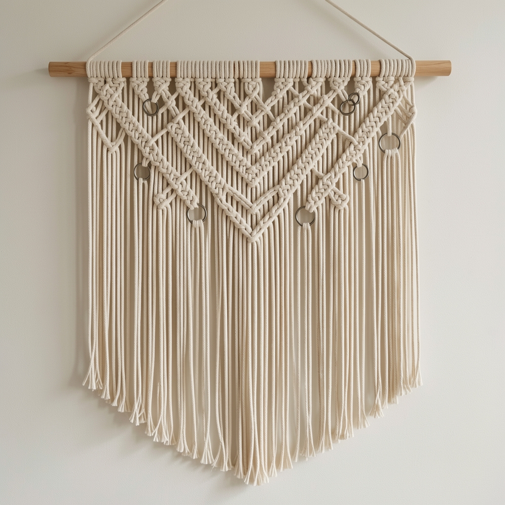 Decorațiune macrameu de perete cu franjuri lungi din bumbac natural ecru, cu noduri decorative și inele metalice, dimensiune 60x90cm