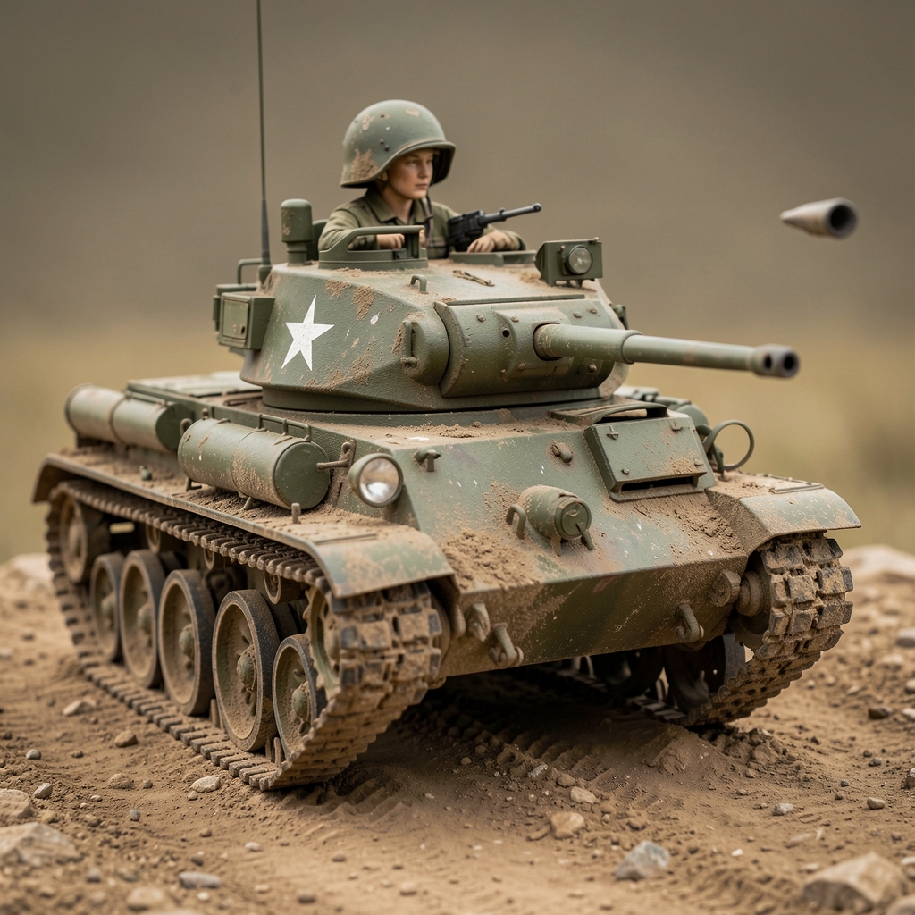 Model de tanc militar din al doilea război mondial asamblat și vopsit realist în scara 1:35, cu detalii de uzură și praf aplicate manual