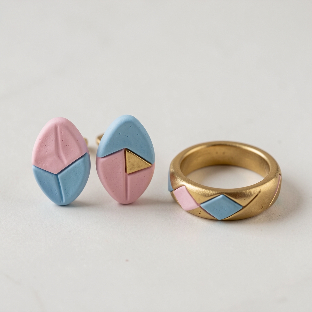 Set de bijuterii handmade din argilă polimeră: cercei și inel cu model geometric în culori pastel roz, albastru pal și auriu