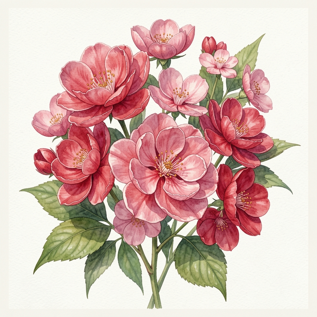 Ilustrație botanică detaliată în acuarelă reprezentând trandafiri și bujori în nuanțe roz și roșu pe hârtie Fabriano 300g format A3