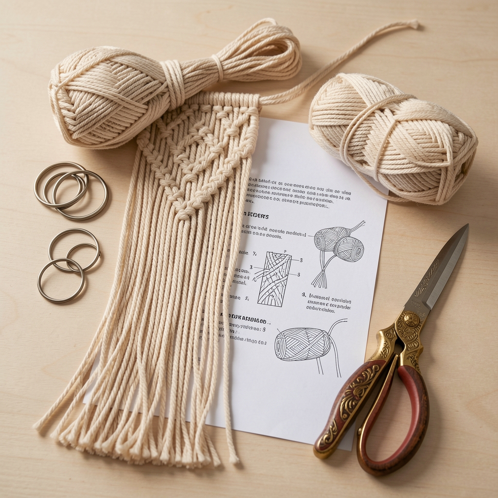 Kit DIY complet pentru macrameu cu fire din bumbac natural, inele metalice, instrucțiuni tipărite și foarfecă decorativă