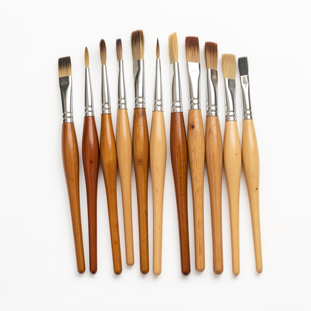 Set profesional de 12 pensule artistice cu mânere lemn crem și vârf de diferite forme: rotund, plat, evantai
