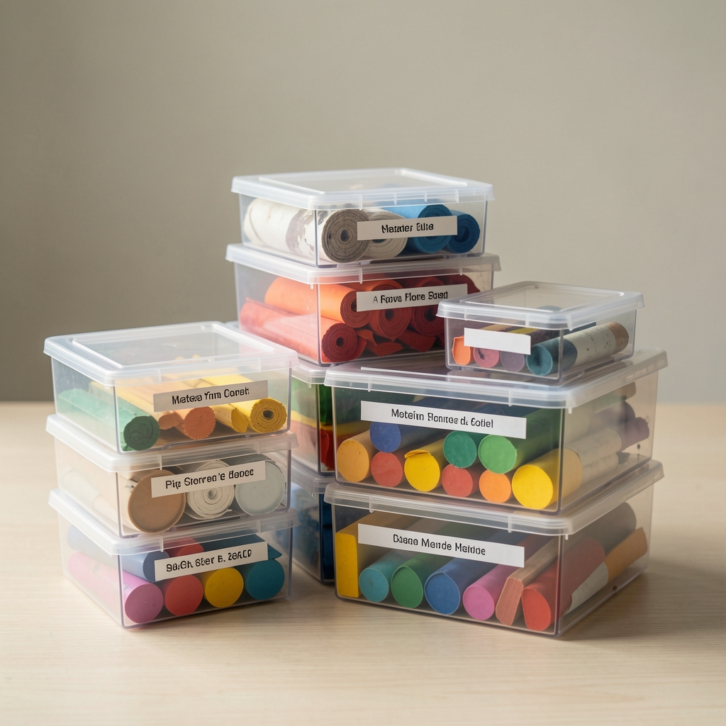 Set de șase cutii transparente din plastic dur cu capac, dimensiuni diferite, etichetate cu materiale de artă colorate organizate pe interior, sistem stivuibil