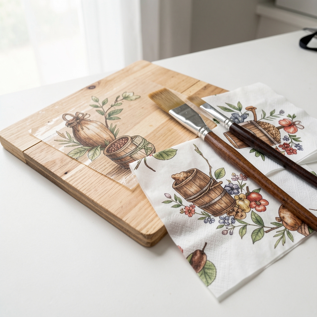 Set decoupage cu șervețele decorative cu motive rustice, lac decoupage transparent, pensulă lată și suport lemn gata de decorat, aranjate pe o masă de lucru albă