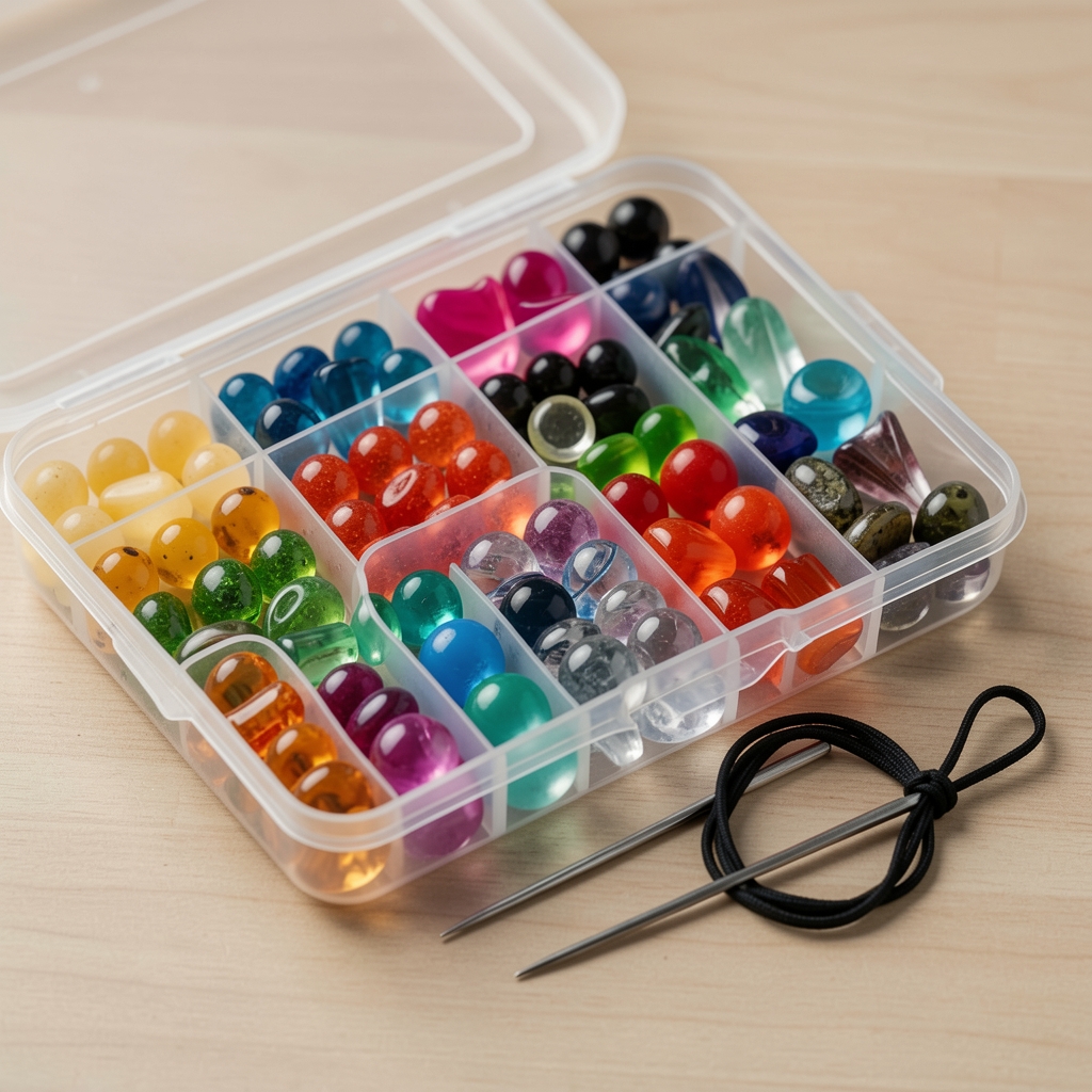 Set de margele artizanale din sticlă în 48 de culori și forme diferite, sortate în cutie cu compartimente transparente, alături de elastic și ac de însirat