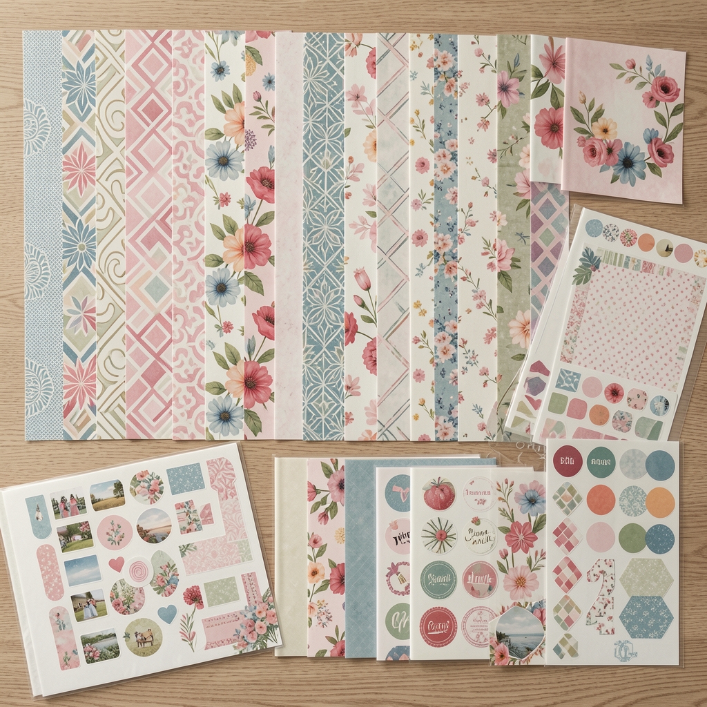 Set complet pentru scrapbooking cu 200 coli de hârtie decorativă în motive florale și geometrice, autocolante, borduri și accesorii pentru albume foto personalizate