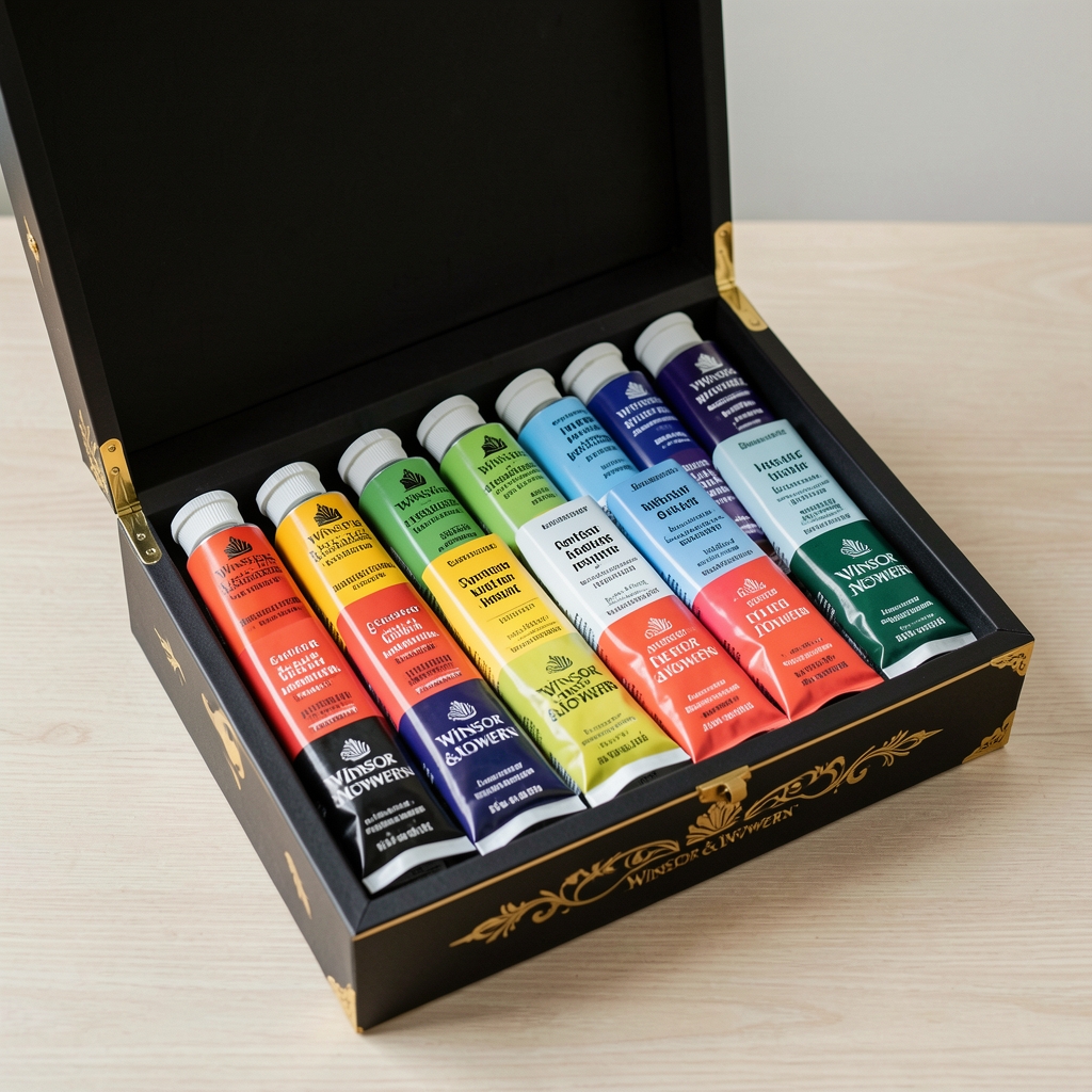 Set profesional de 36 tuburi vopsea acrilică Winsor and Newton în culori vii ambalate în cutie elegantă neagră cu detalii aurii