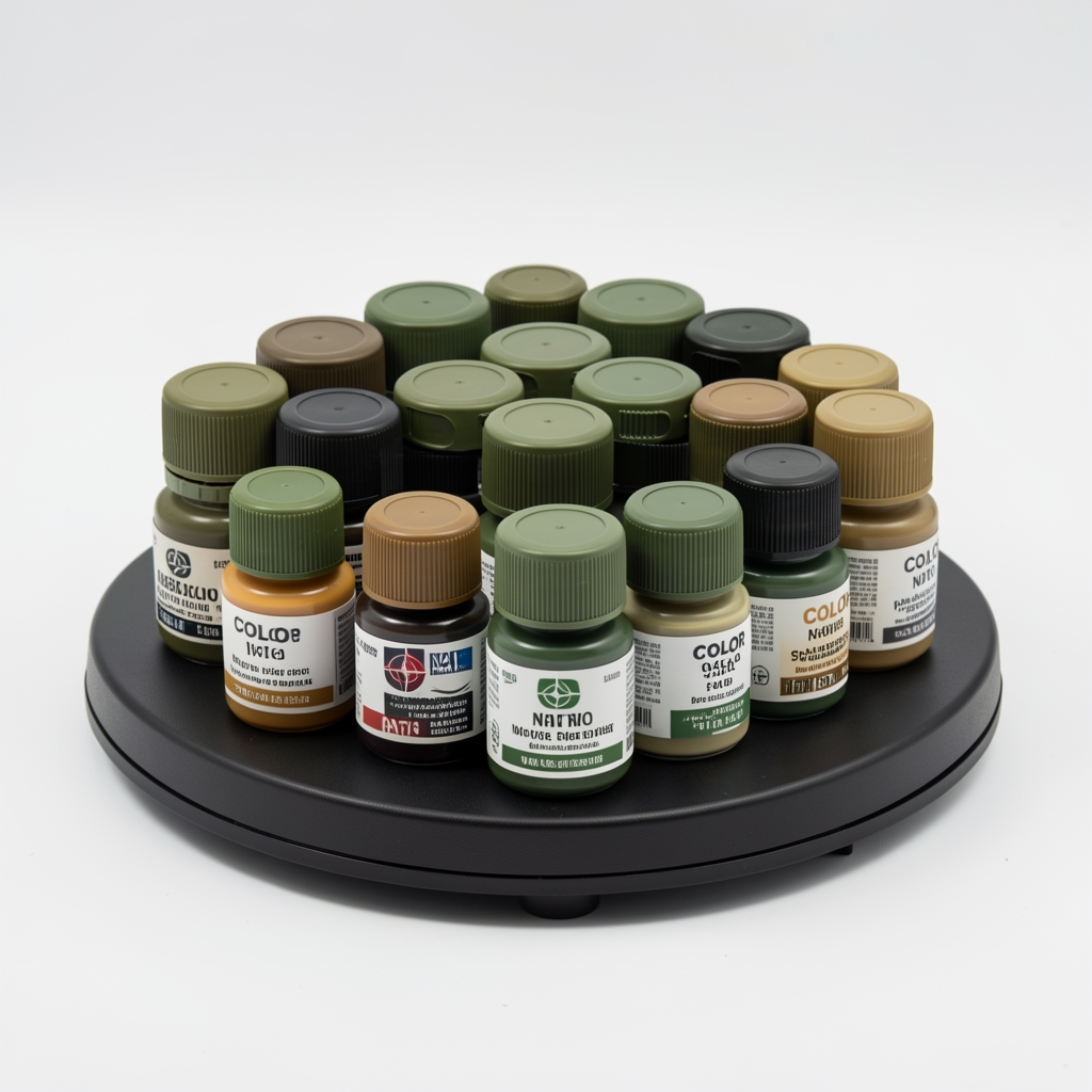 Set de 16 borcane cu vopsea acrilică pentru modelism marca Vallejo Model Color în culori militare standard NATO, aranjate pe un suport rotativ negru