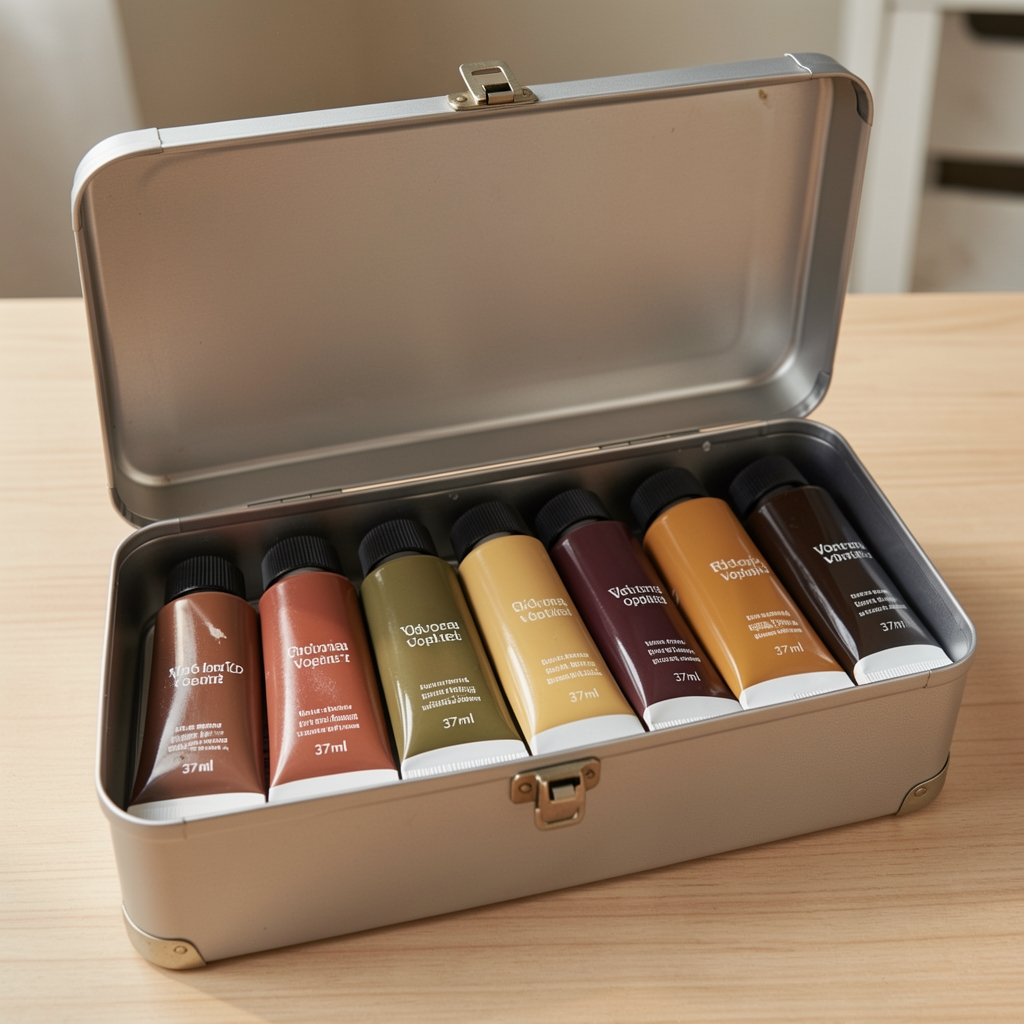 Set de 12 tuburi vopsea în ulei Schmincke Norma 37ml, în nuanțe pământii și tradiționale, ambalate în cutie metalică rezistentă